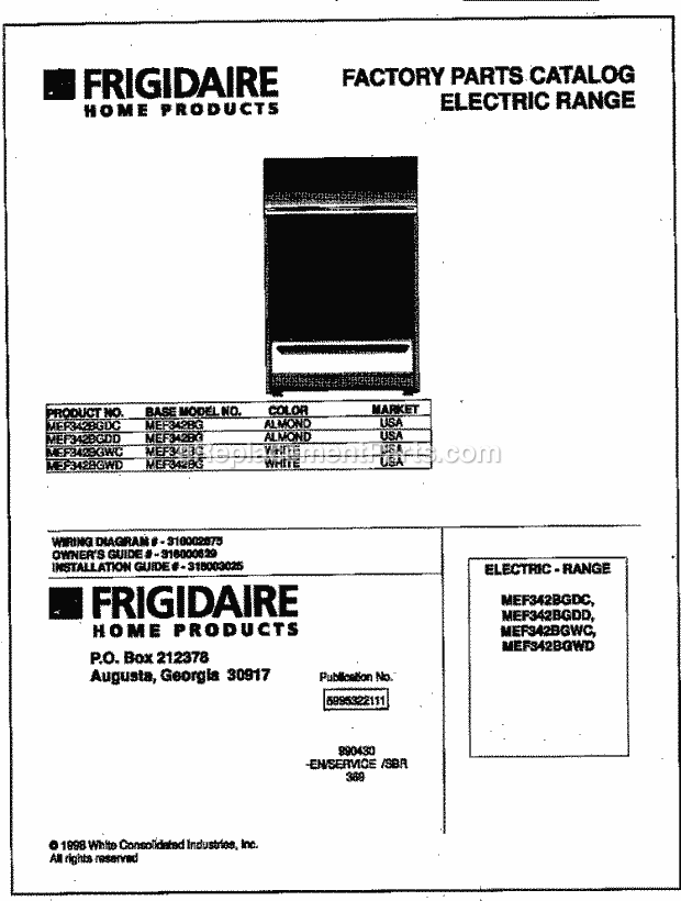 Frigidaire MEF342BGWC Freestanding, Electric Frigidaire/Elec Range Page C Diagram