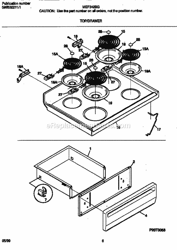 Frigidaire MEF342BGWC Freestanding, Electric Frigidaire/Elec Range Top / Drawer Diagram