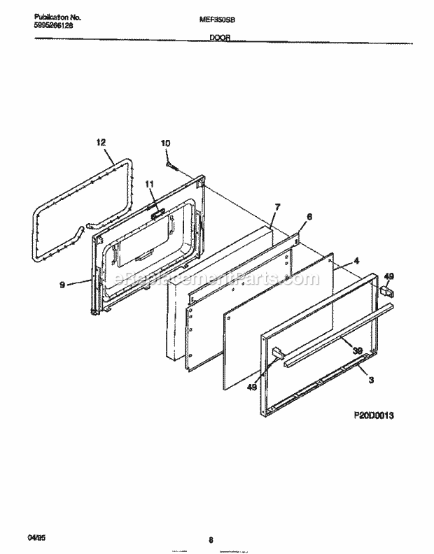 Frigidaire MEF350SBWA Wwh(V2) / Electric Range Door Diagram