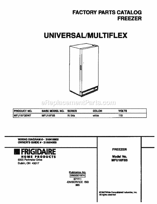 Frigidaire MFU16F3BW7 Frg(V0) / Freezer Page B Diagram