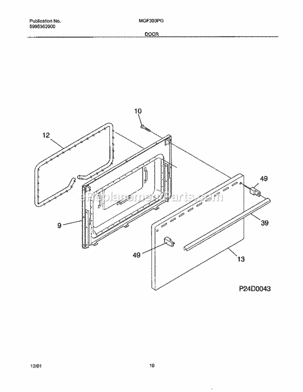 Frigidaire MGF303PGWL Universal/Gas Range Door Diagram