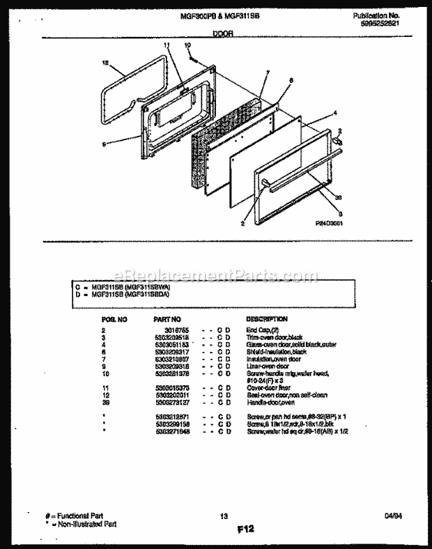 Frigidaire MGF311SBDA Frg(V3) / Gas Range Door Parts Diagram