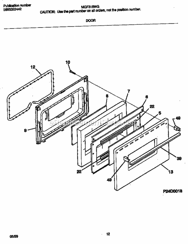 Frigidaire MGF316WGSC Freestanding, Gas Frigidaire/Gas Range Door Diagram