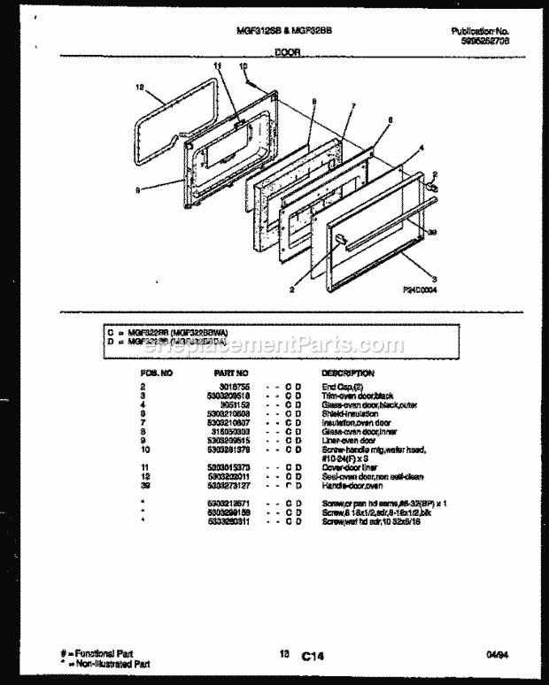 Frigidaire MGF322BBWA Frg(V4) / Gas Range Door Parts Diagram