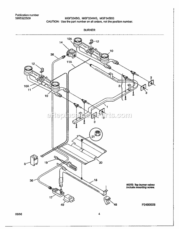 Frigidaire MGF345BGDB Freestanding, Gas Range Burner Diagram