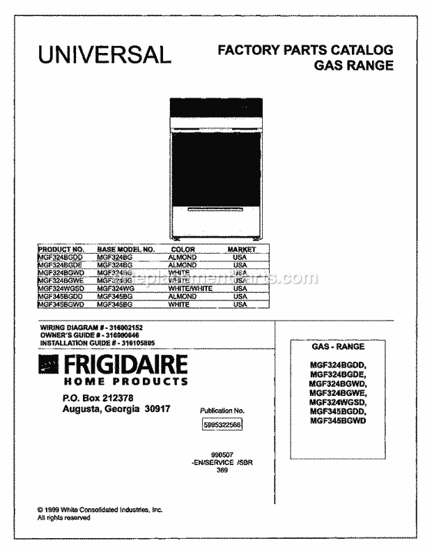 Frigidaire MGF345BGWD Freestanding, Gas Frigidaire/Gas Range Page D Diagram