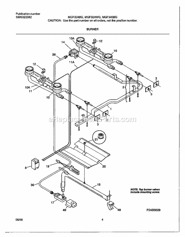 Frigidaire MGF345BGWE Freestanding, Gas Frigidaire/Gas Range Burner Diagram