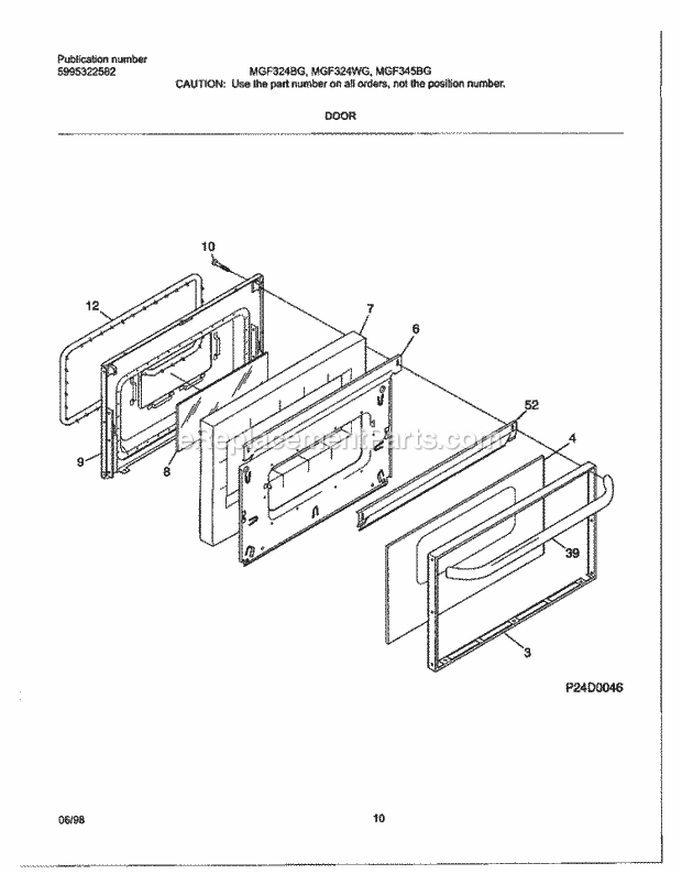 Frigidaire MGF345BGWE Freestanding, Gas Frigidaire/Gas Range Door Diagram