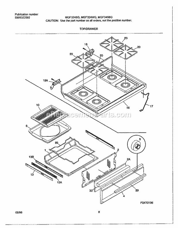 Frigidaire MGF345BGWE Freestanding, Gas Frigidaire/Gas Range Top / Drawer Diagram