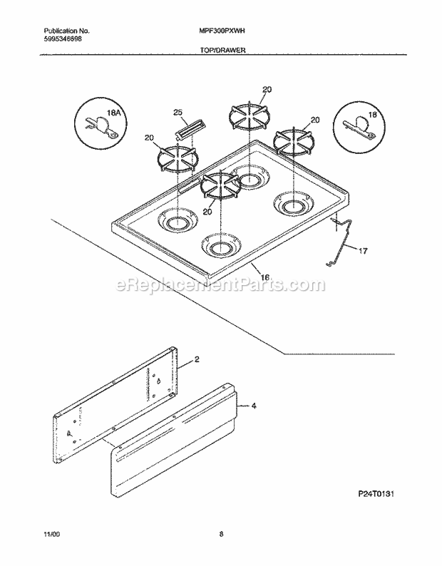 Frigidaire MPF300PXWH Universal/Gas Range Top / Drawer Diagram