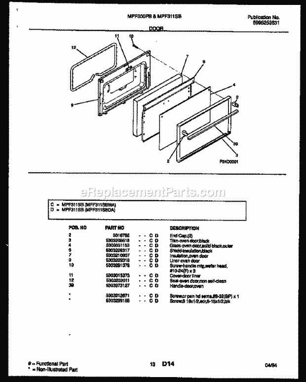 Frigidaire MPF311SBWA Frg(V4) / Gas Range Door Parts Diagram