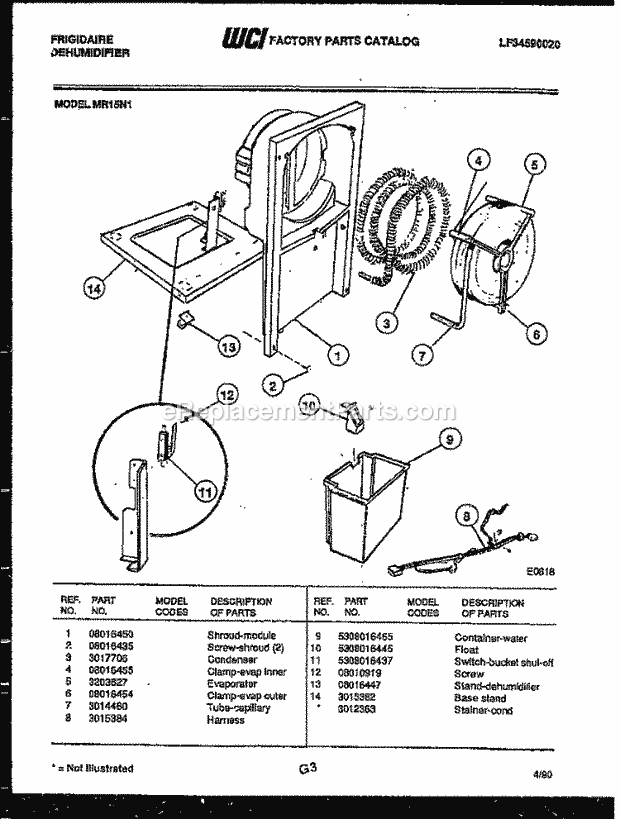 Frigidaire MR15N1 Dehumidifier Water and Condensing Parts Diagram