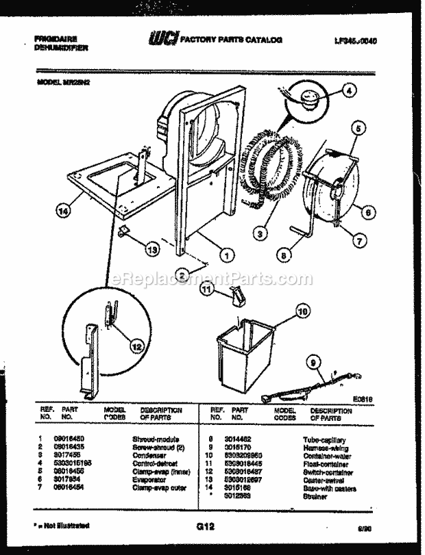 Frigidaire MR25N2 Dehumidifier Water and Condensing Parts Diagram