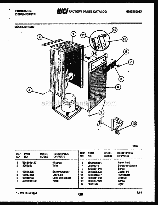 Frigidaire MR40N2 Dehumidifier Cabinet and Control Parts Diagram