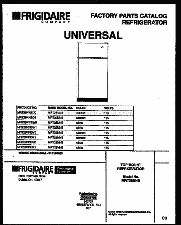 Frigidaire MRT26NNBD0 Kel(V13) / Top Mount Refrigerator Page C Diagram