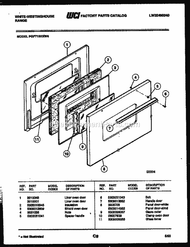 Frigidaire PGF716HXW4 Wwh(V1) / Gas Range Door Parts Diagram