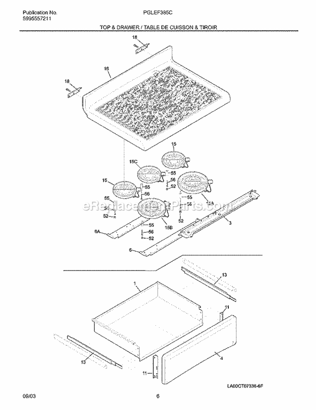 Frigidaire PGLEF385CQ2 Range Top/Drawer Diagram