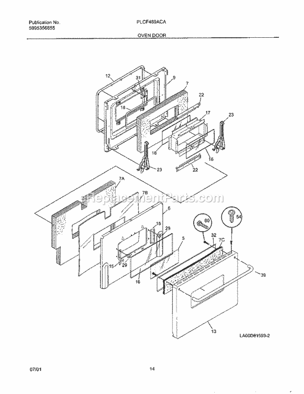 Frigidaire PLCF489ACA Electric Gas Combo Range Oven Door Diagram