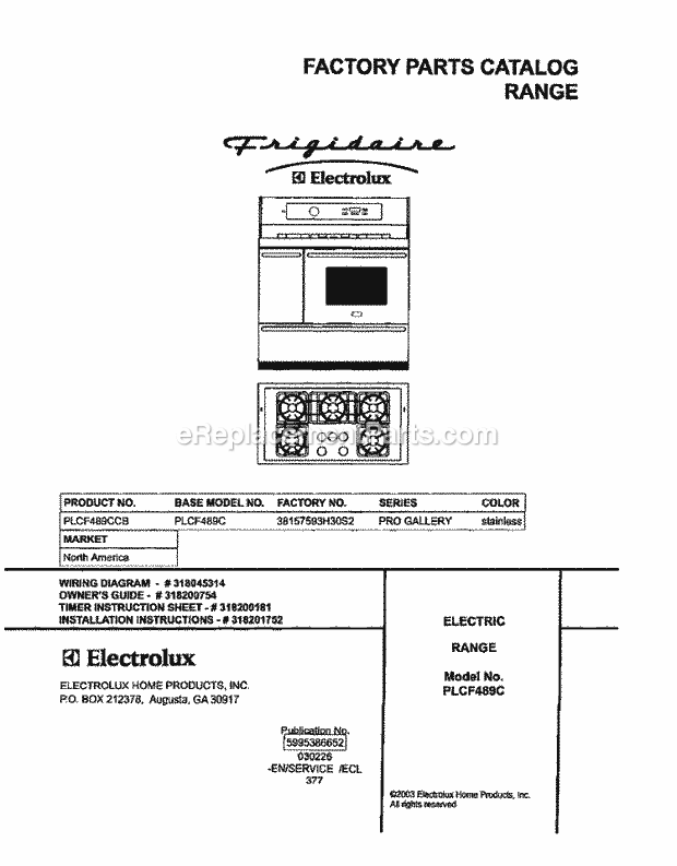 Frigidaire PLCF489CCB Electric Gas Combo Range Page D Diagram