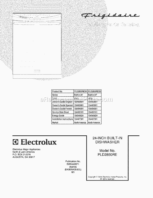 Frigidaire PLD2850RES0 Dishwasher Page B Diagram