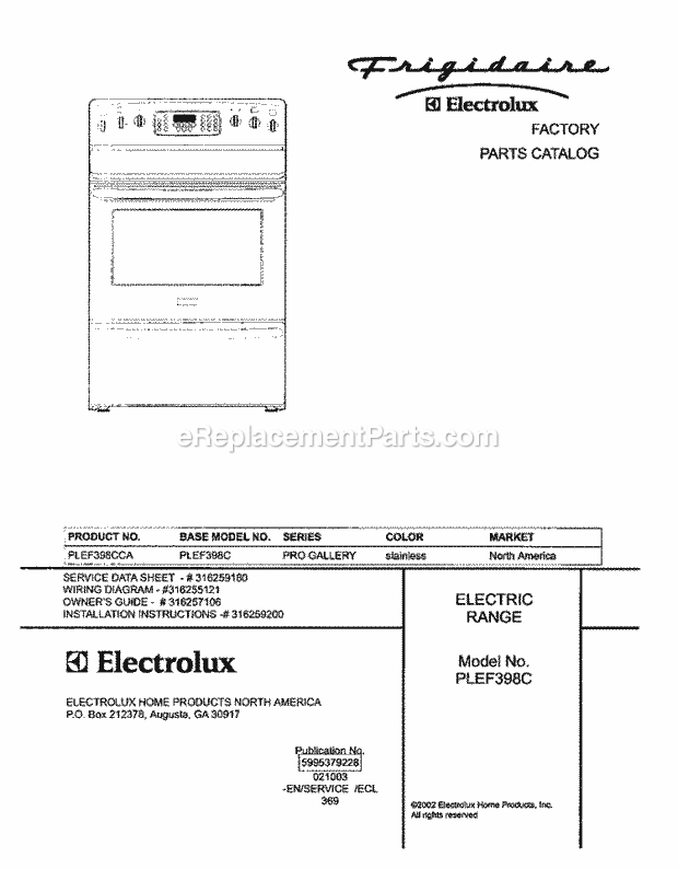 Frigidaire PLEF398CCA Freestanding, Electric Electric Range Page C Diagram