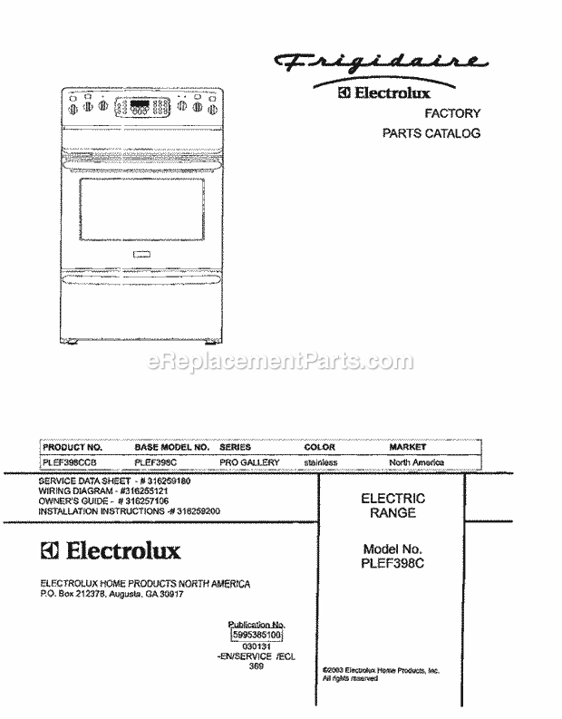 Frigidaire PLEF398CCB Freestanding, Electric Electric Range Page C Diagram