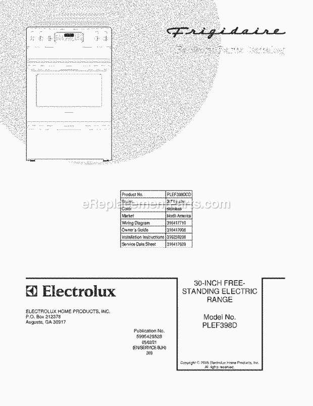 Frigidaire PLEF398DCD Freestanding, Electric Electric Range Page C Diagram