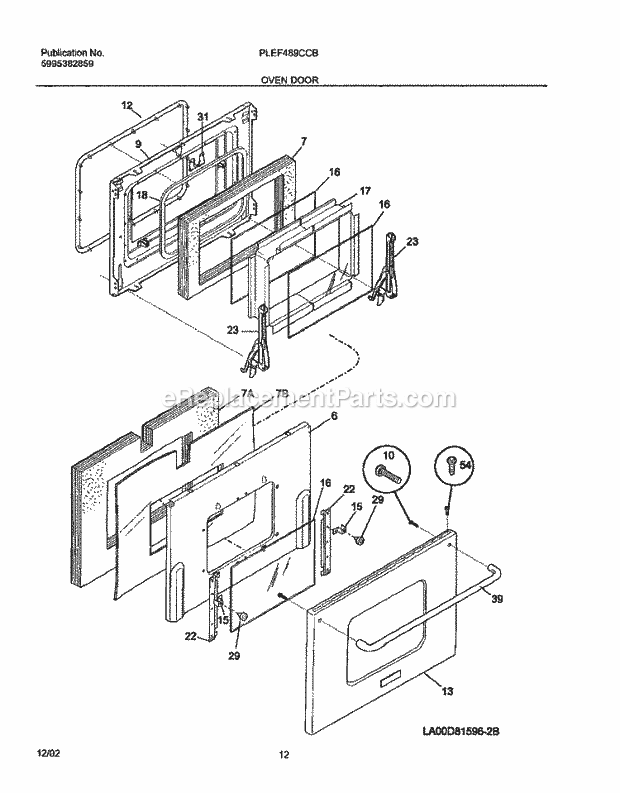 Frigidaire PLEF489CCB Freestanding, Electric Electric Range Oven Door Diagram