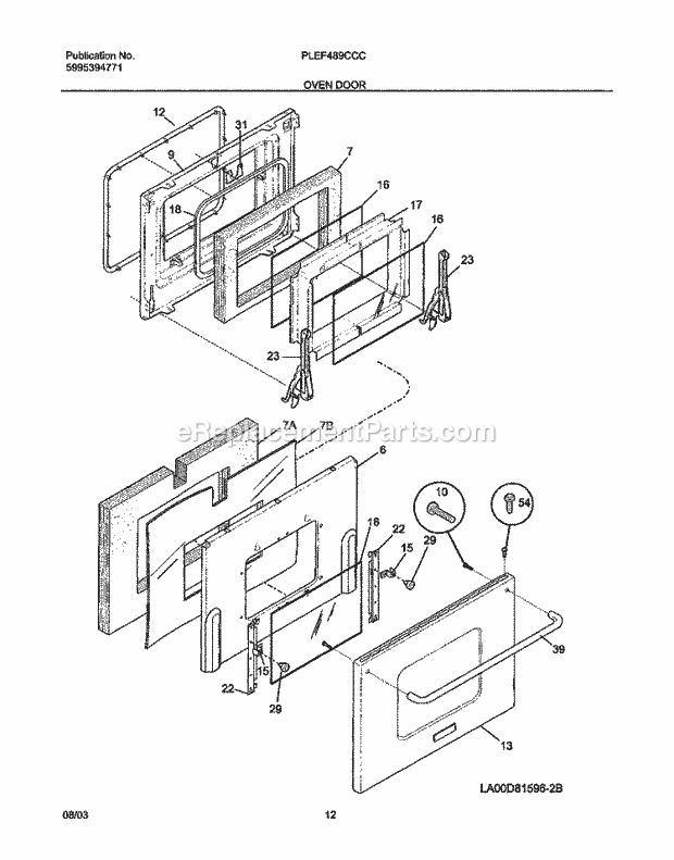 Frigidaire PLEF489CCC Freestanding, Electric Electric Range Oven Door Diagram