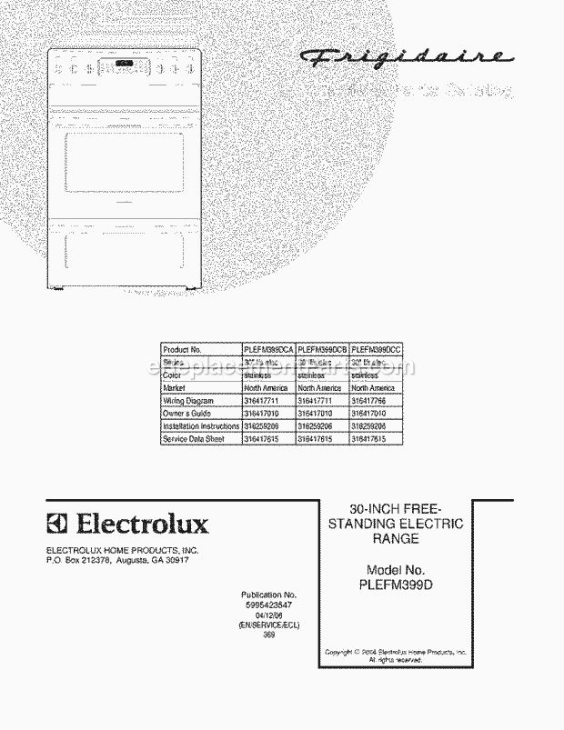 Frigidaire PLEFM399DCC Freestanding, Electric Electric Range Page C Diagram
