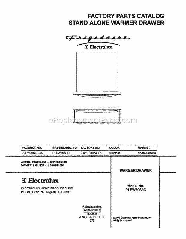 Frigidaire PLEW30S3CCA Electric Warmer Drawer Page B Diagram