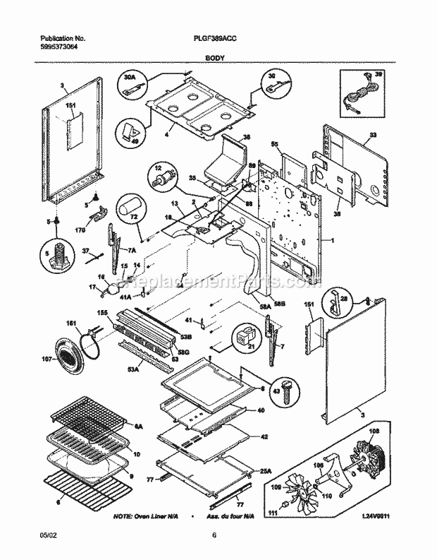 Frigidaire PLGF389ACC Freestanding, Gas Gas Range Body Diagram