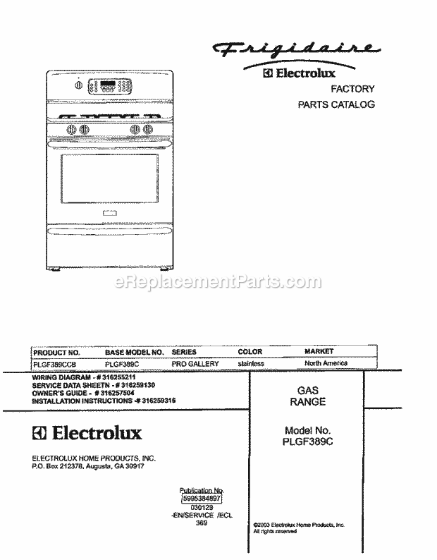 Frigidaire PLGF389CCB Freestanding, Gas Gas Range Page D Diagram