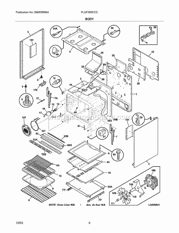 Frigidaire PLGF389CCC Freestanding, Gas Gas Range Body Diagram