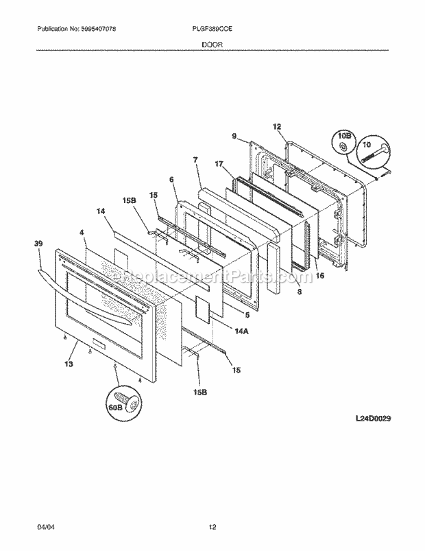 Frigidaire PLGF389CCE Freestanding, Gas Gas Range Door Diagram