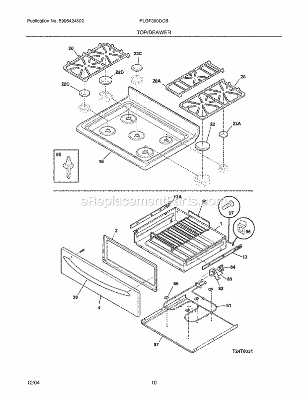 Frigidaire PLGF390DCB Freestanding, Gas Gas Range Top / Drawer Diagram