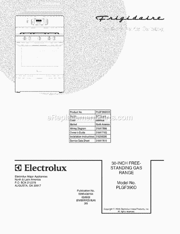 Frigidaire PLGF390DCD Freestanding, Gas Gas Range Page D Diagram