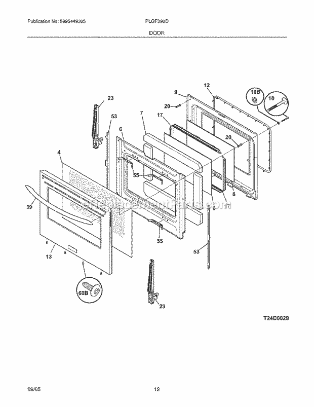 Frigidaire PLGF390DCE Freestanding, Gas Gas Range Door Diagram