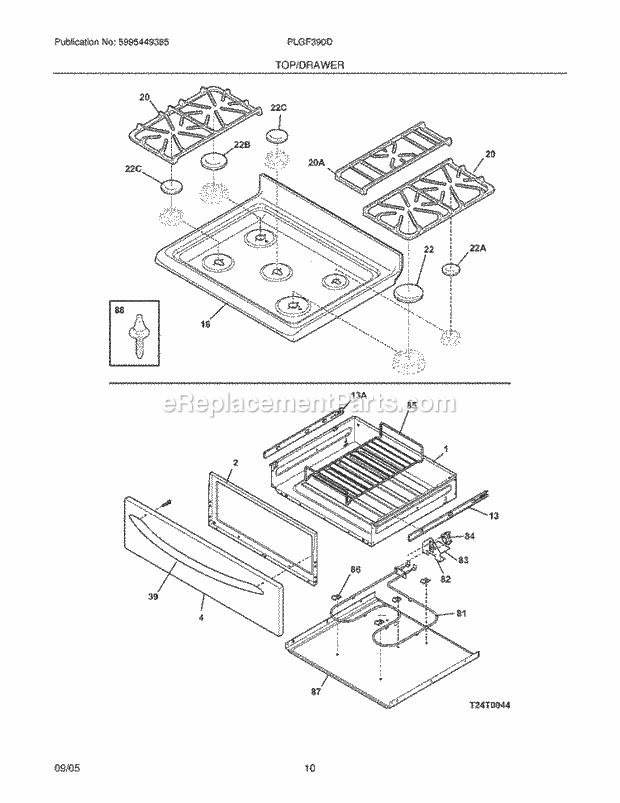 Frigidaire PLGF390DCF Freestanding, Gas Gas Range Top / Drawer Diagram