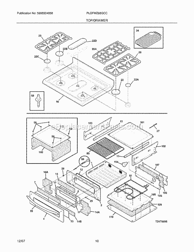 Frigidaire PLGFMZ98GCC Freestanding, Gas Gas Range Top / Drawer Diagram