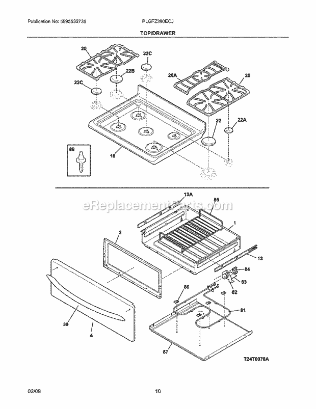 Frigidaire PLGFZ390ECJ Range Top/Drawer Diagram