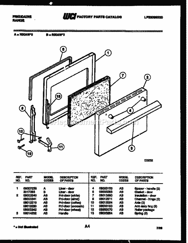 Frigidaire R30AA2 Freestanding, Electric Range Electric Door Parts Diagram