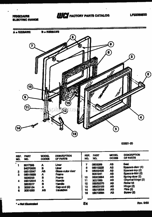 Frigidaire R32BAW3 Freestanding, Electric Range Electric Door Parts Diagram