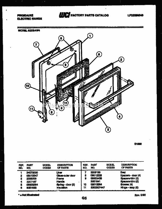 Frigidaire R32BAW4 Freestanding, Electric Electric Range Door Parts Diagram