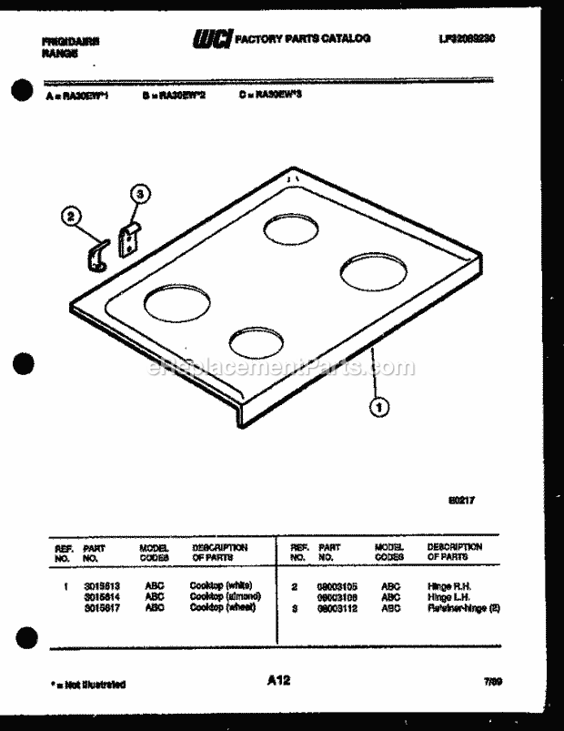 Frigidaire RA30EH2 Freestanding, Electric Range Electric Cooktop Parts Diagram