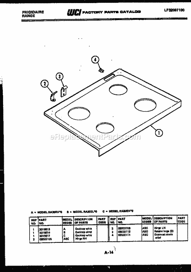 Frigidaire RA30EL0 Freestanding, Electric Range Electric Cooktop Parts Diagram