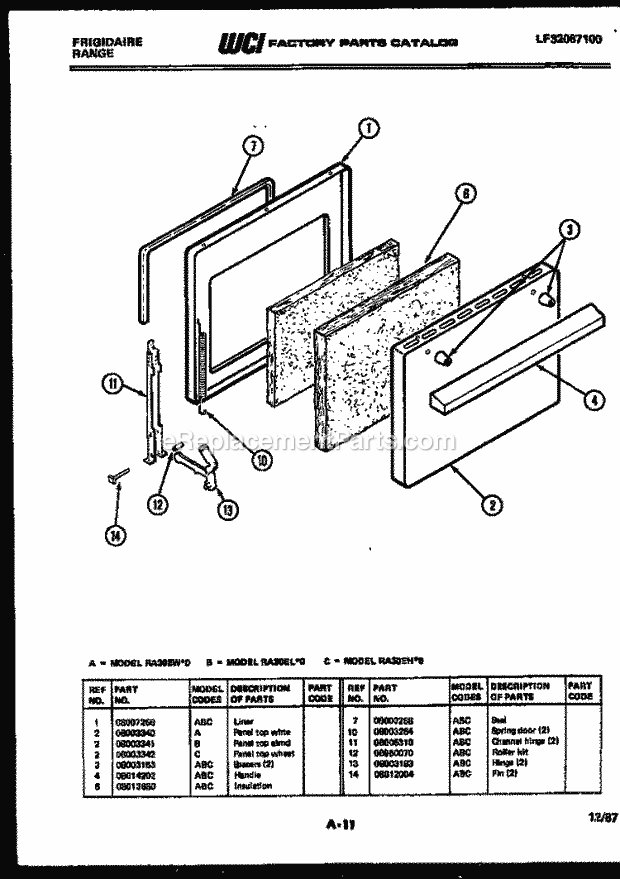 Frigidaire RA30EL0 Freestanding, Electric Range Electric Door Parts Diagram