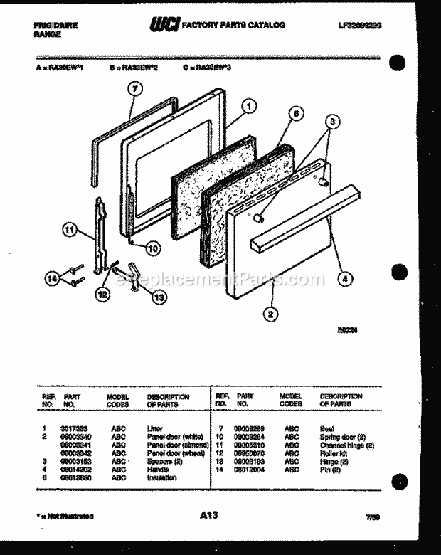 Frigidaire RA30EL3 Freestanding, Electric Range Electric Door Parts Diagram