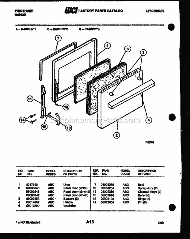 Frigidaire RA30EW1 Freestanding, Electric Range Electric Door Parts Diagram