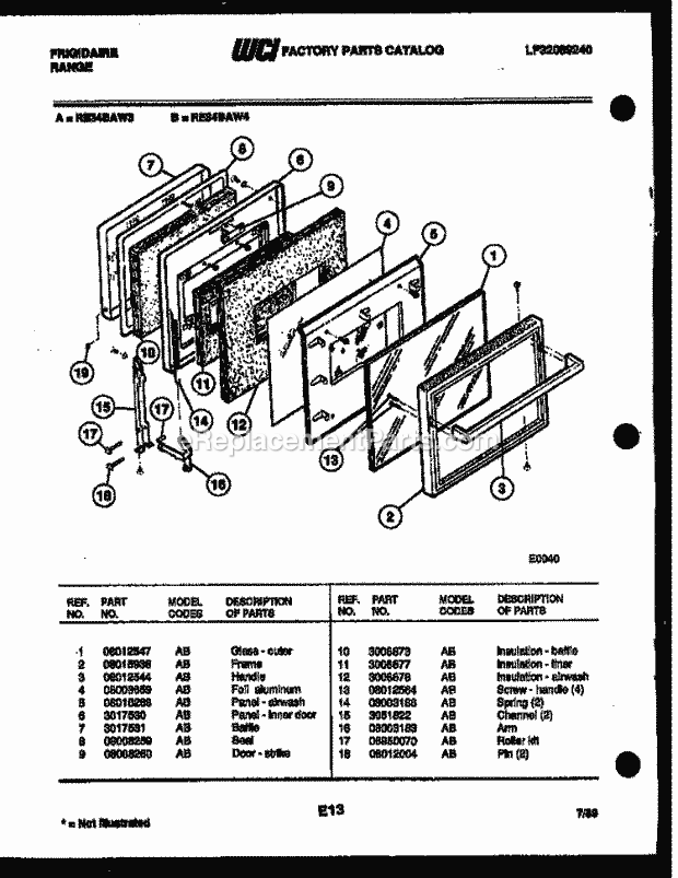 Frigidaire RE34BAA3 Freestanding, Electric Range Electric Door Parts Diagram